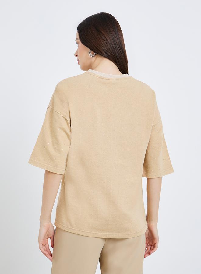 Styli Women Washed Studded Sleeve 100% Cotton T-Shirt - Image 4